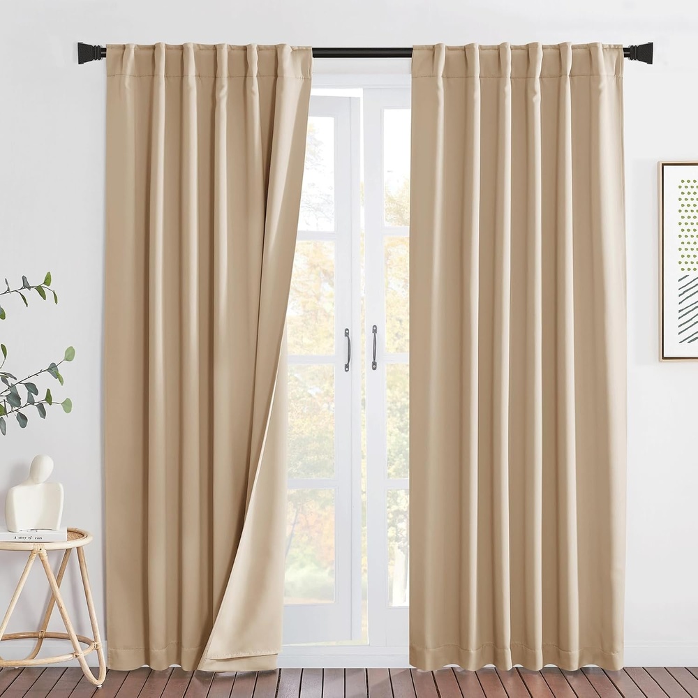 image:imageNICETOWN Sound Barrier 100 Blackout Divider Curtains 84 Noise Heat and Cold Blocking Drapes with Felt Fabric Lining for Noise ReducingNurseryDaytime SleepBedroom White 2 PCs 52 WideBiscotti Beige Back Tab