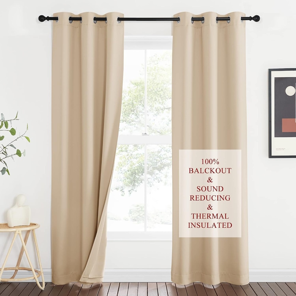 image:imageNICETOWN Sound Barrier 100 Blackout Divider Curtains 84 Noise Heat and Cold Blocking Drapes with Felt Fabric Lining for Noise ReducingNurseryDaytime SleepBedroom White 2 PCs 52 WideBiscotti Beige