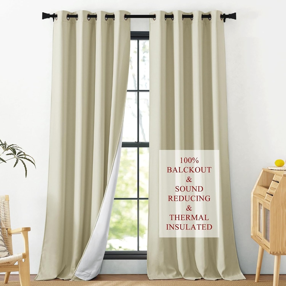image:imageNICETOWN Sound Barrier 100 Blackout Divider Curtains 84 Noise Heat and Cold Blocking Drapes with Felt Fabric Lining for Noise ReducingNurseryDaytime SleepBedroom White 2 PCs 52 WideGrommet Beige Linen