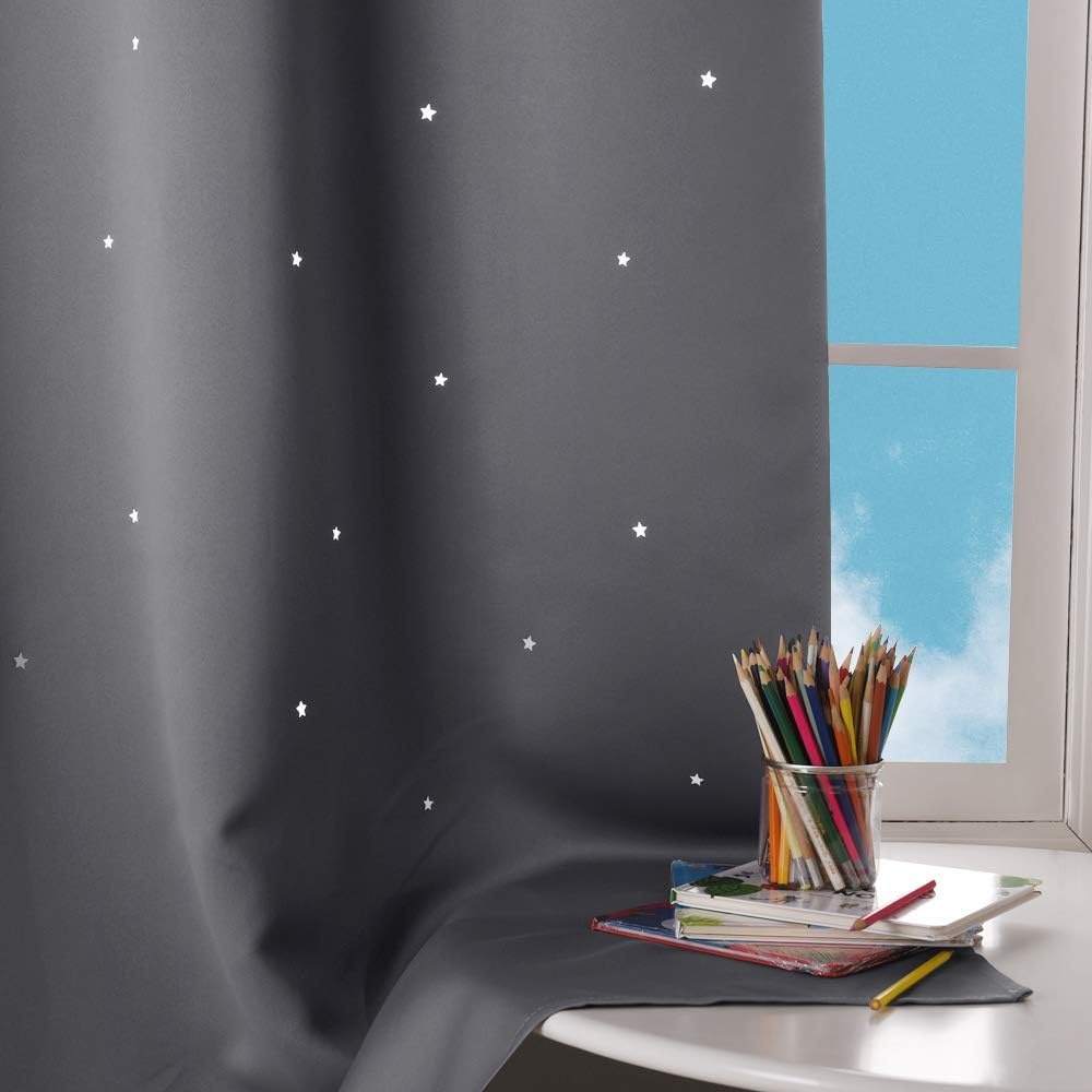 image:imageNICETOWN Blue Hollow Star Blackout Kids Curtain 1 Panel W52 x L63Grey