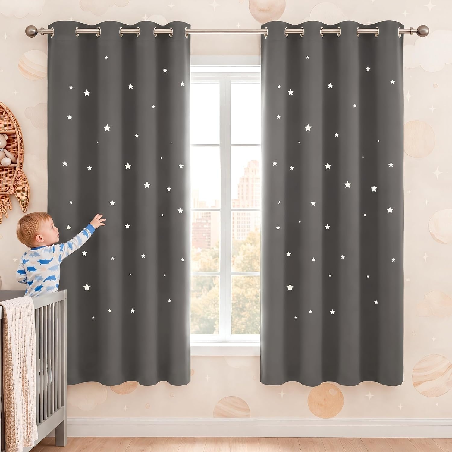 image:imageNICETOWN Blue Hollow Star Blackout Kids Curtain 1 Panel W52 x L63Grey