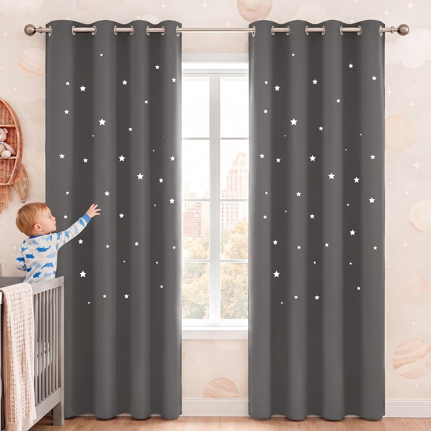 image:imageNICETOWN Blue Hollow Star Blackout Kids Curtain 1 Panel W52 x L63Grey