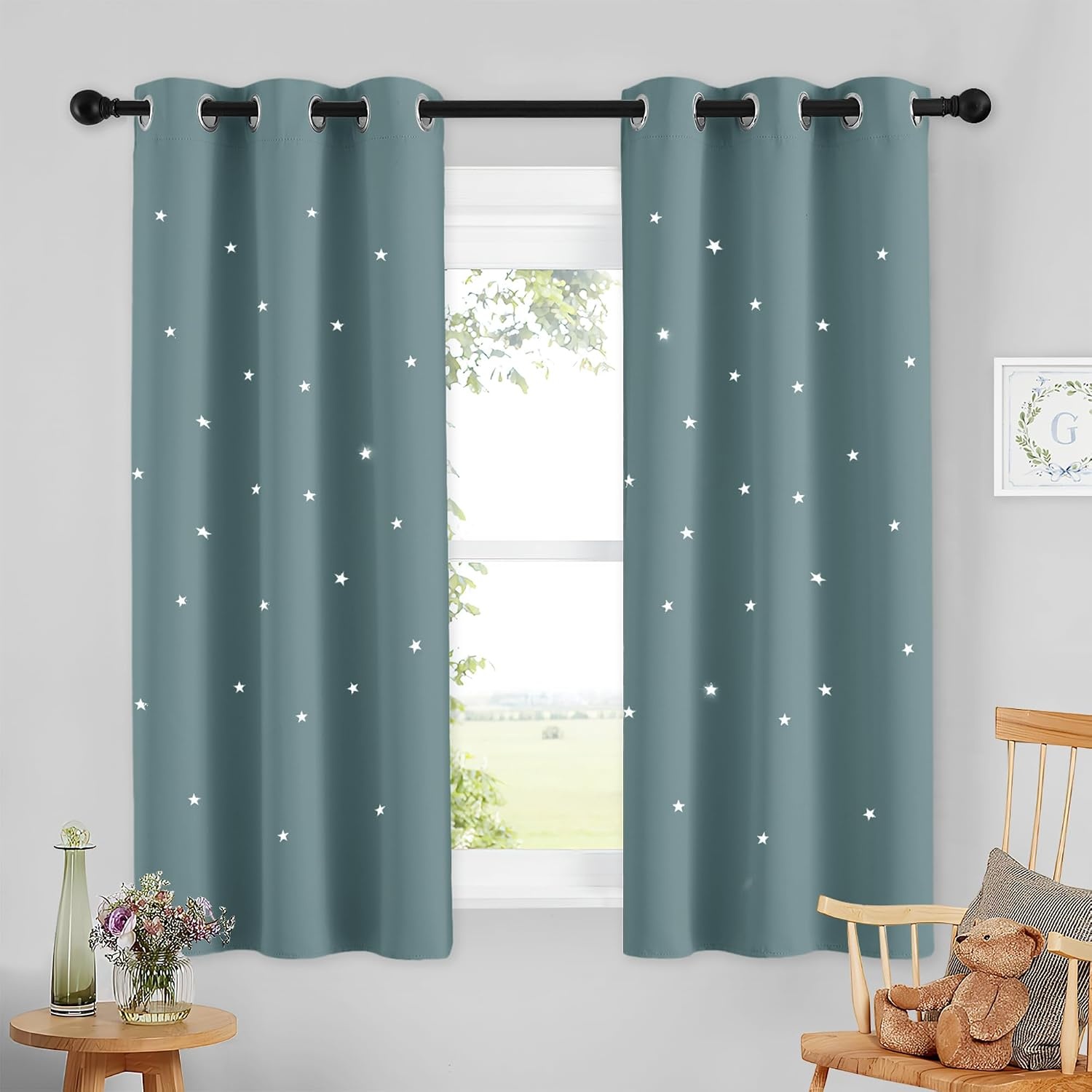 image:imageNICETOWN Blue Hollow Star Blackout Kids Curtain 1 Panel W52 x L63Greyish Blue