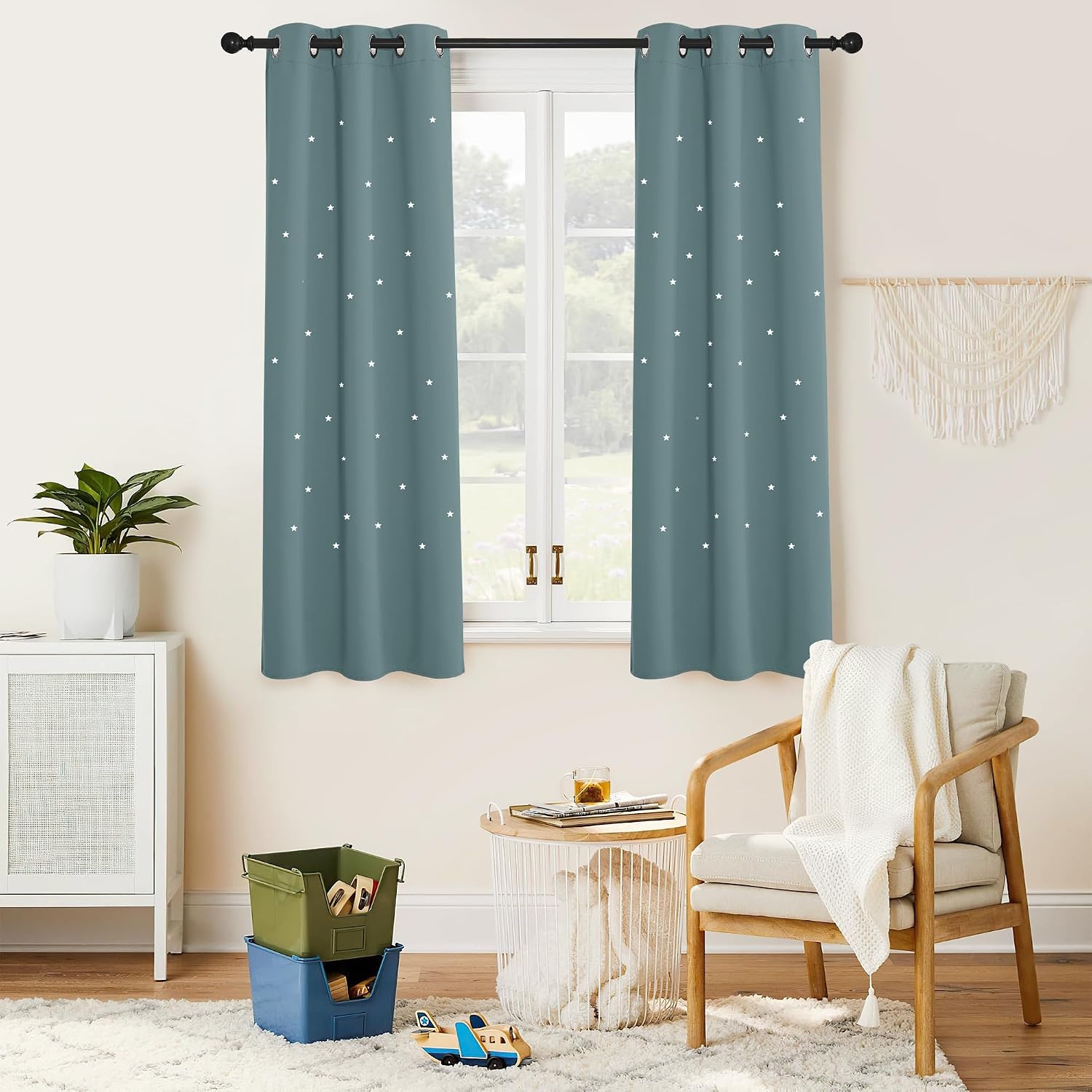 image:imageNICETOWN Blue Hollow Star Blackout Kids Curtain 1 Panel W52 x L63Greyish Blue