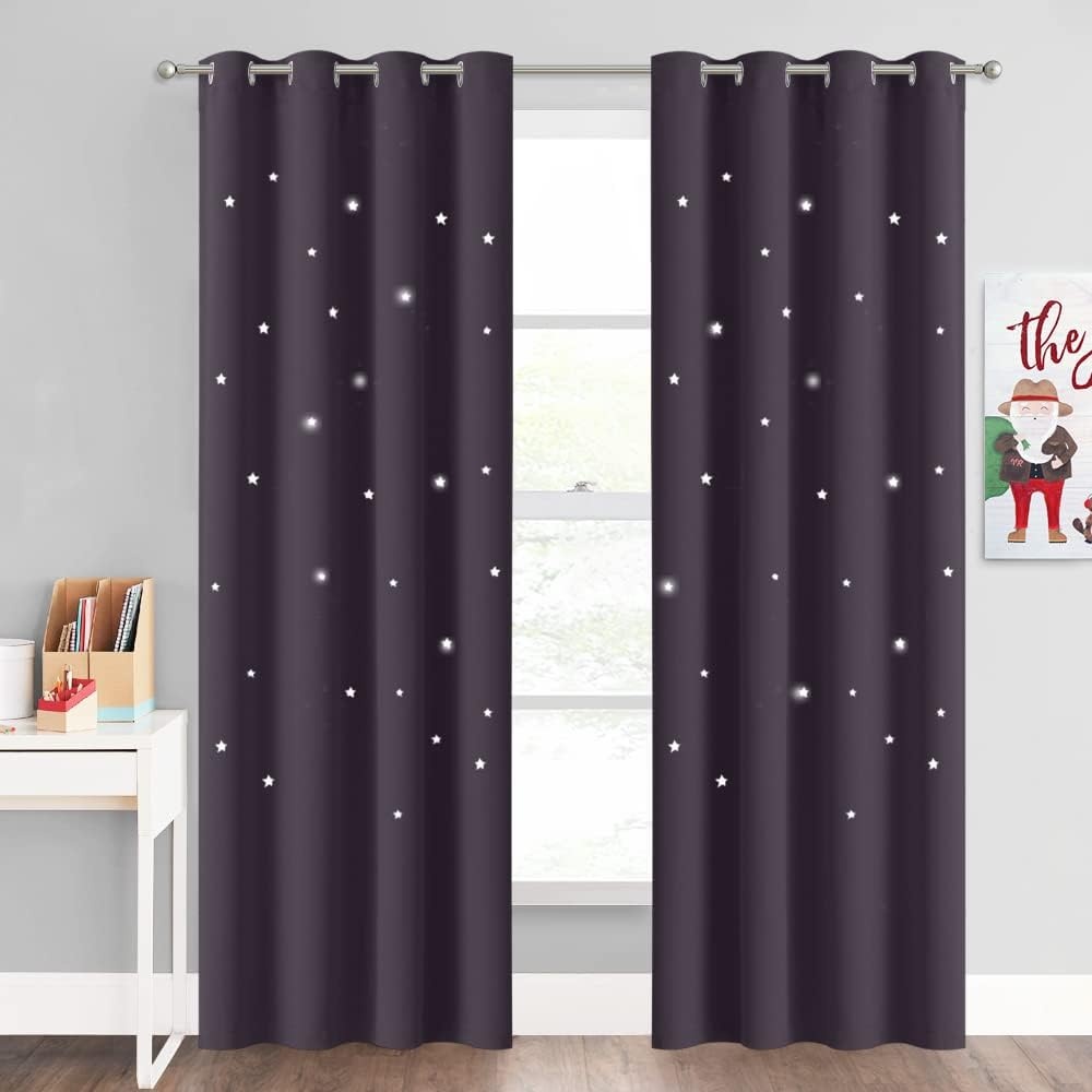 image:imageNICETOWN Blue Hollow Star Blackout Kids Curtain 1 Panel W52 x L63Greyish Purple