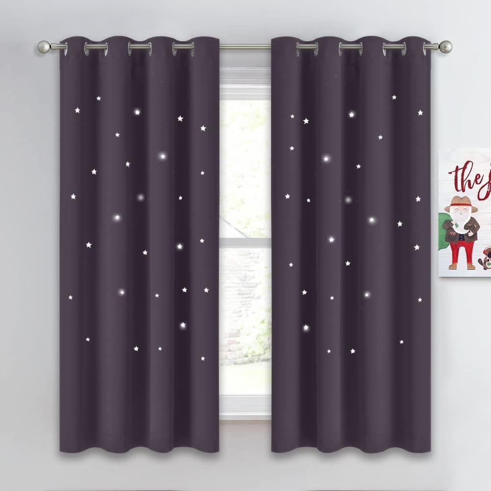 image:imageNICETOWN Blue Hollow Star Blackout Kids Curtain 1 Panel W52 x L63Greyish Purple