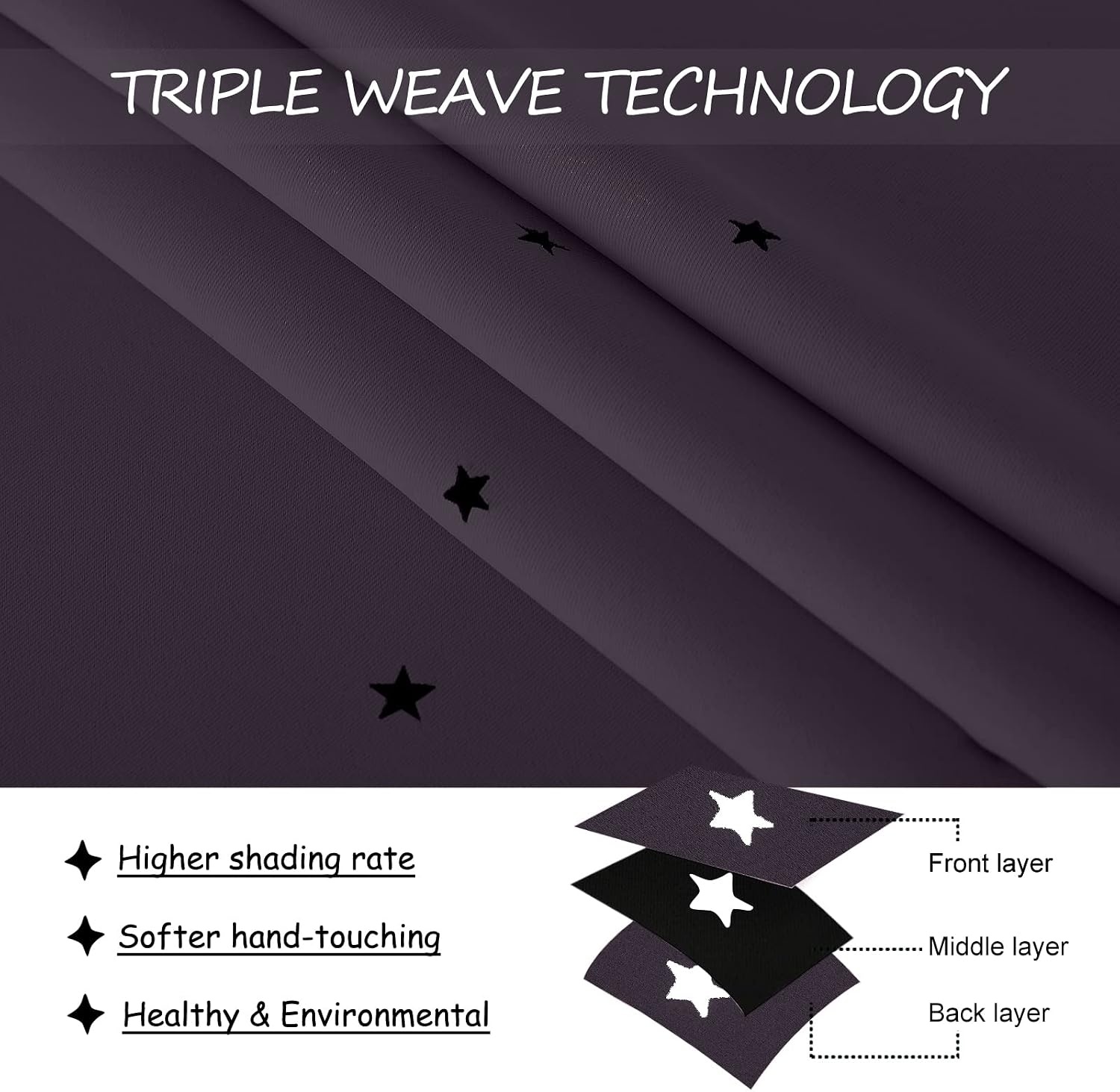 image:imageNICETOWN Blue Hollow Star Blackout Kids Curtain 1 Panel W52 x L63Greyish Purple