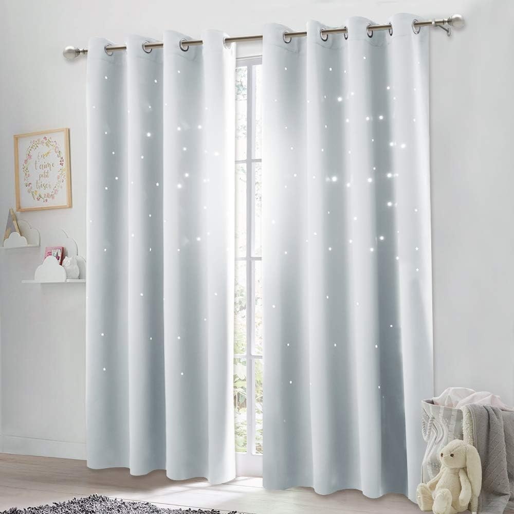 image:imageNICETOWN Blue Hollow Star Blackout Kids Curtain 1 Panel W52 x L63Greyish White