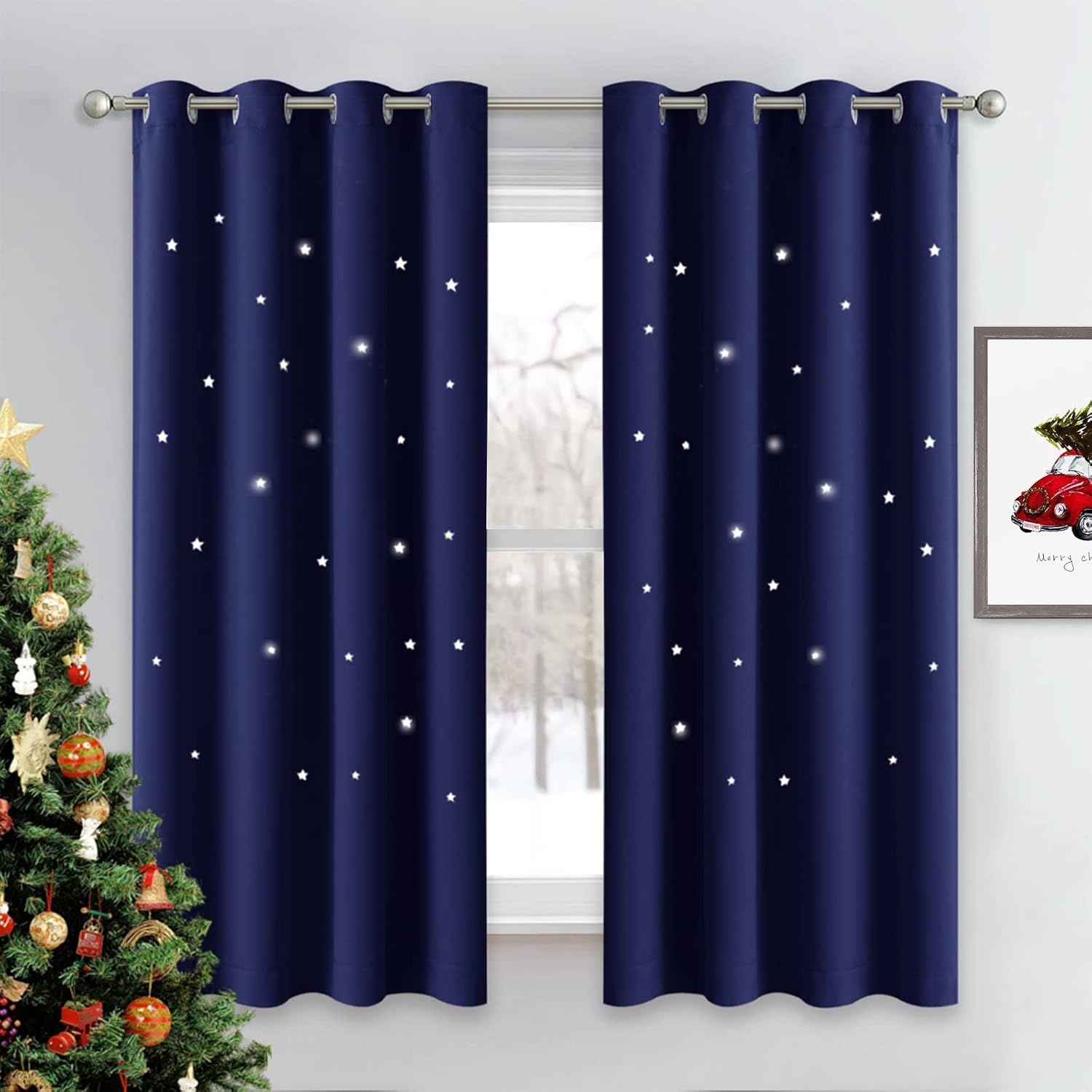 image:imageNICETOWN Blue Hollow Star Blackout Kids Curtain 1 Panel W52 x L63Navy Blue