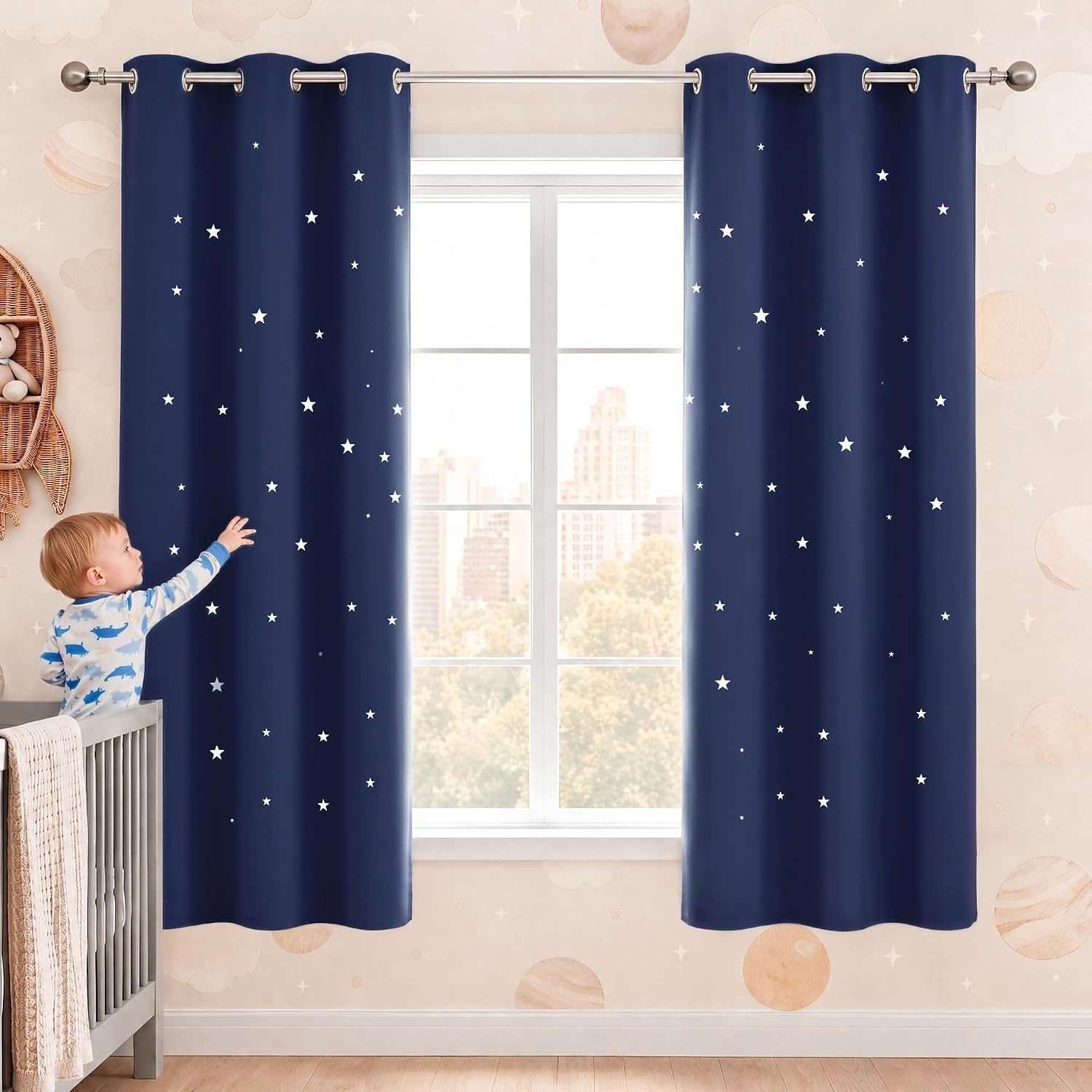 image:imageNICETOWN Blue Hollow Star Blackout Kids Curtain 1 Panel W52 x L63Navy Blue