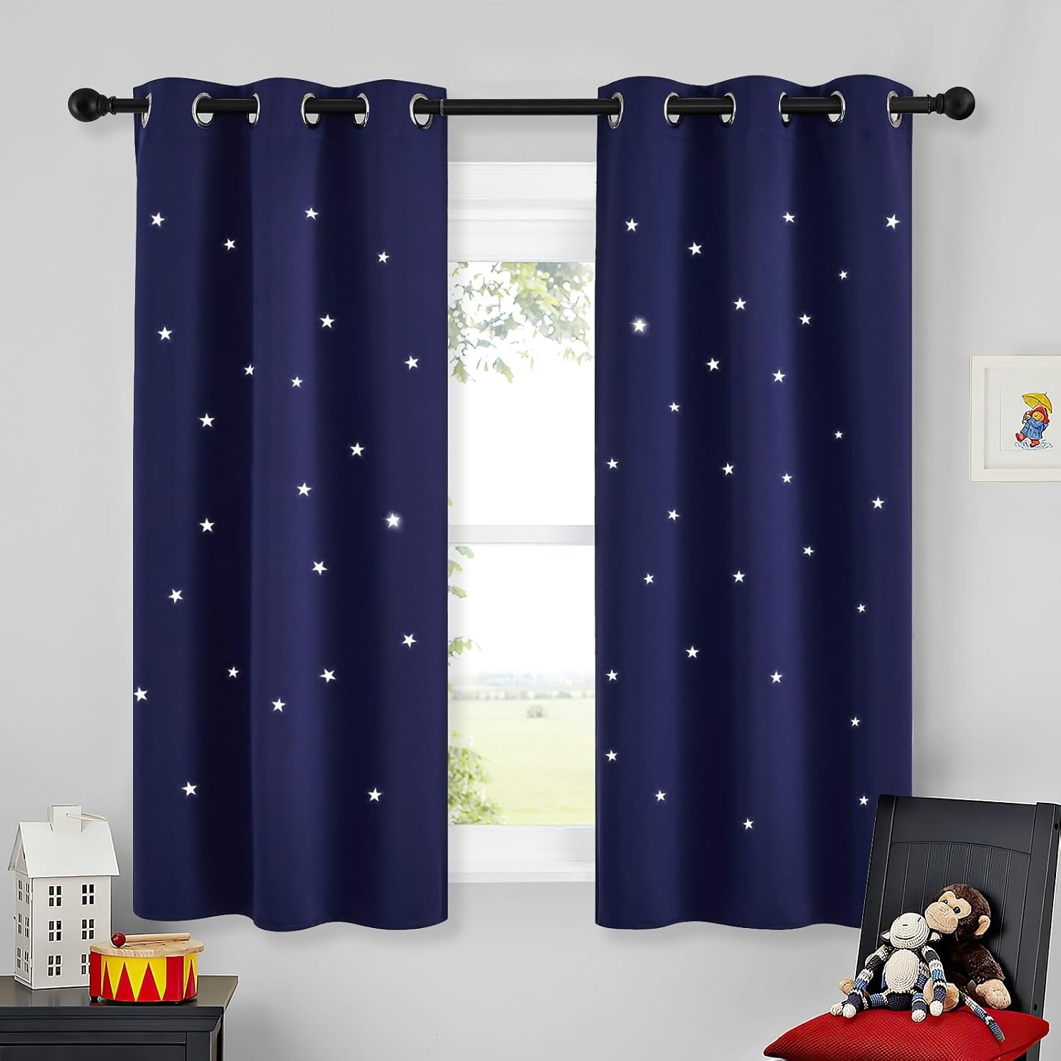 image:imageNICETOWN Blue Hollow Star Blackout Kids Curtain 1 Panel W52 x L63Navy Blue