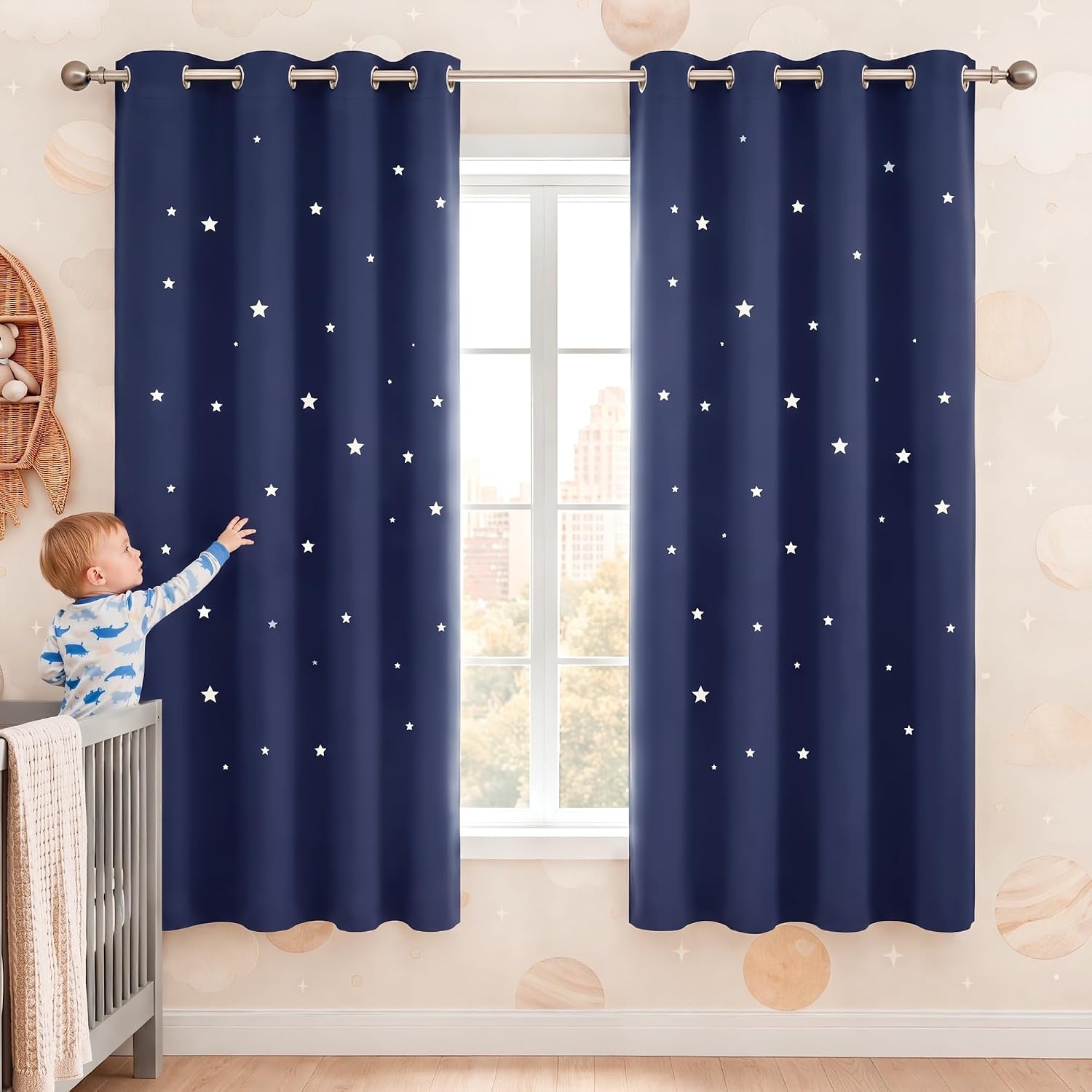 image:imageNICETOWN Blue Hollow Star Blackout Kids Curtain 1 Panel W52 x L63Navy Blue