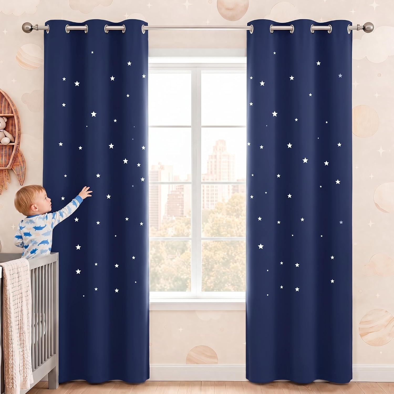 image:imageNICETOWN Blue Hollow Star Blackout Kids Curtain 1 Panel W52 x L63Navy Blue