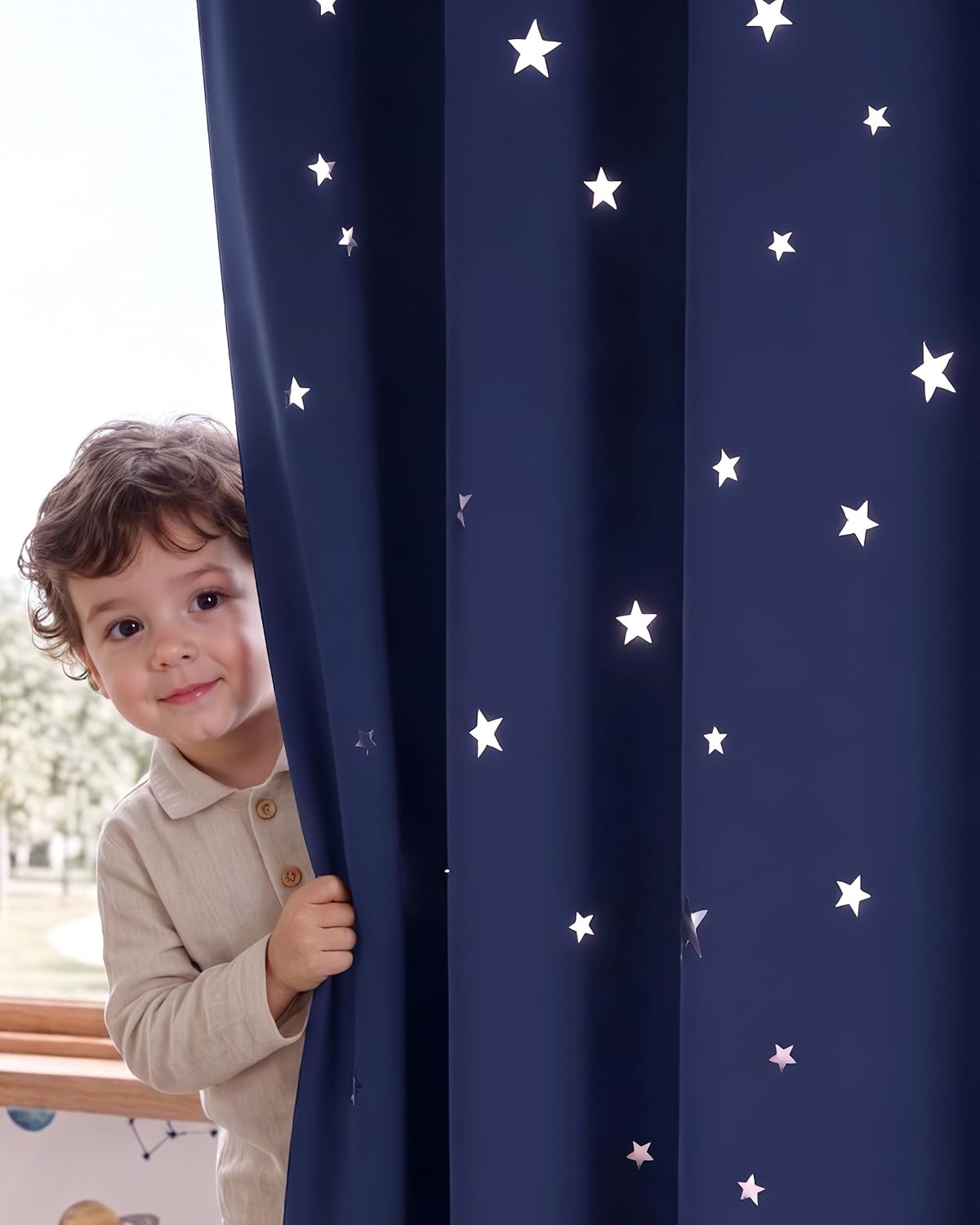 image:imageNICETOWN Blue Hollow Star Blackout Kids Curtain 1 Panel W52 x L63Navy Blue
