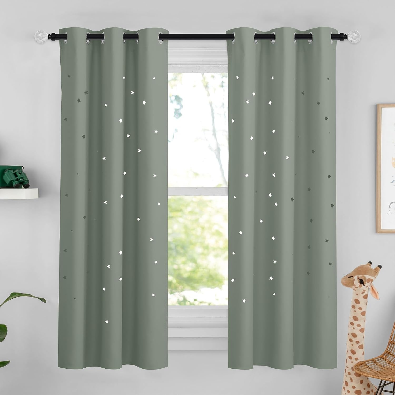 image:imageNICETOWN Blue Hollow Star Blackout Kids Curtain 1 Panel W52 x L63Sage Green