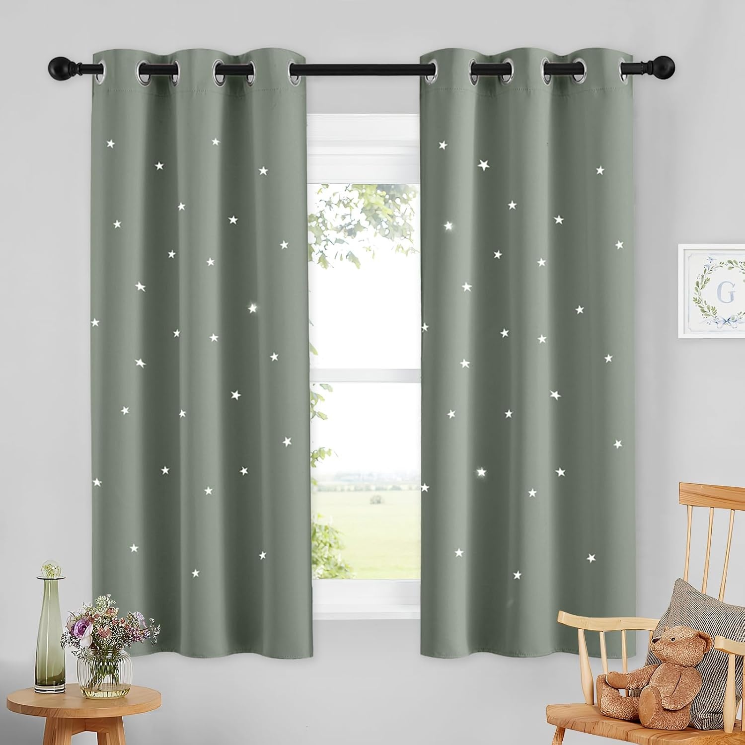 image:imageNICETOWN Blue Hollow Star Blackout Kids Curtain 1 Panel W52 x L63Sage Green