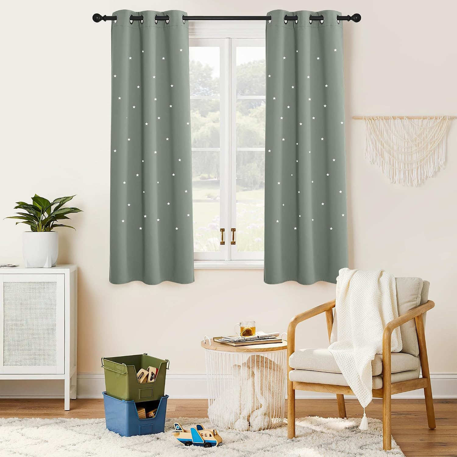 image:imageNICETOWN Blue Hollow Star Blackout Kids Curtain 1 Panel W52 x L63Sage Green