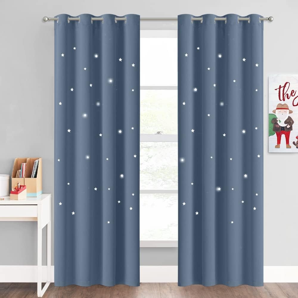 image:imageNICETOWN Blue Hollow Star Blackout Kids Curtain 1 Panel W52 x L63Stone Blue