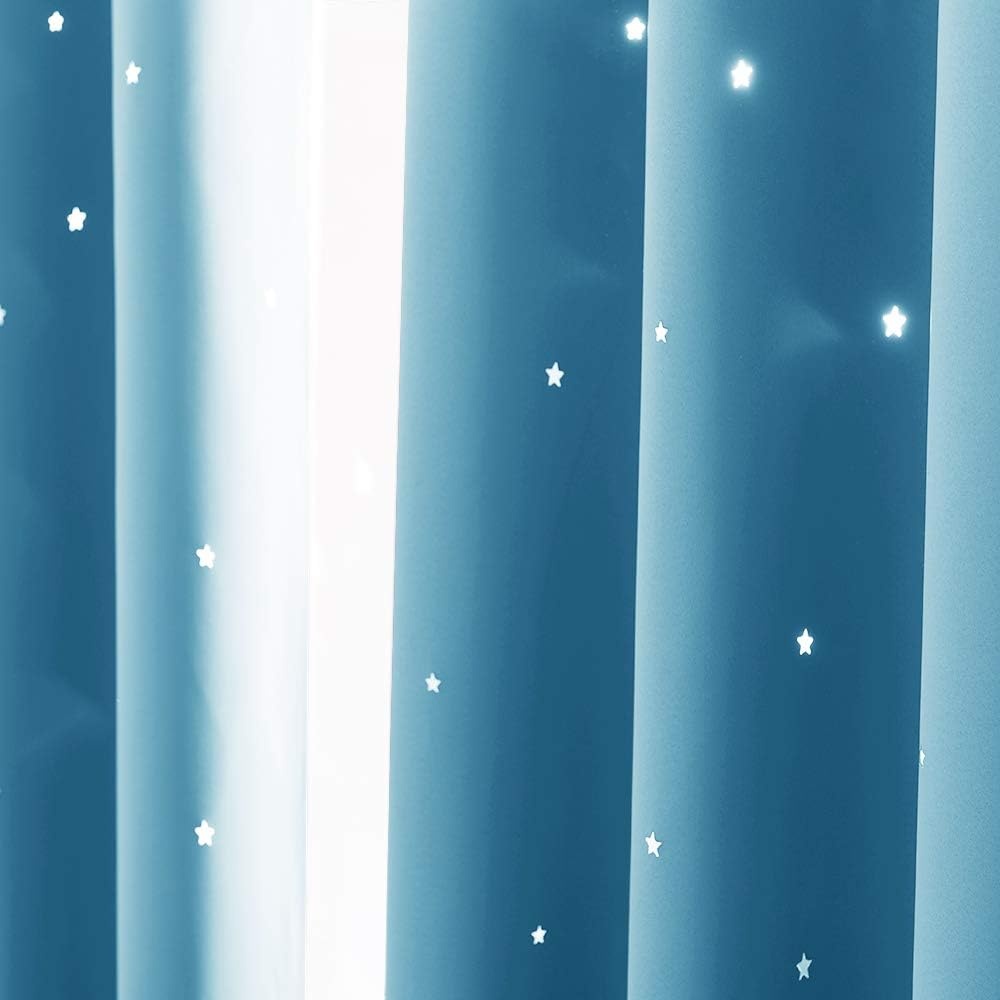 image:imageNICETOWN Blue Hollow Star Blackout Kids Curtain 1 Panel W52 x L63Teal Blue