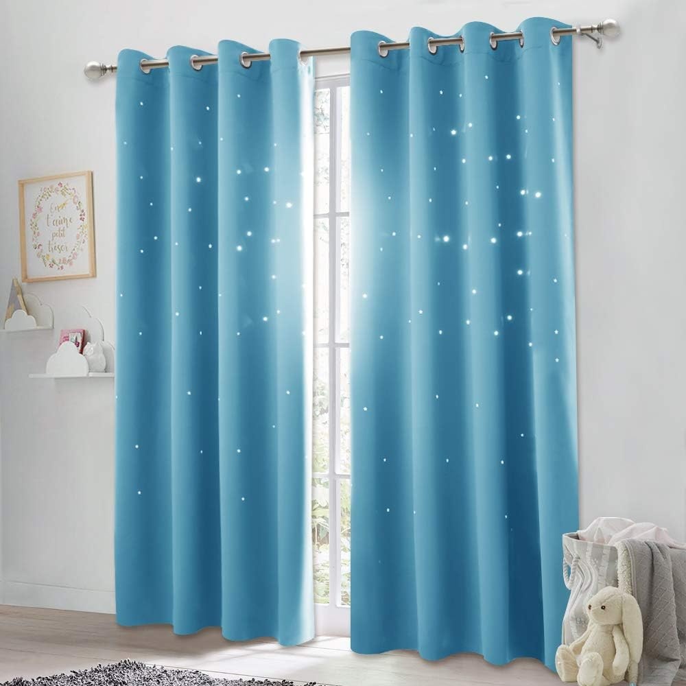 image:imageNICETOWN Blue Hollow Star Blackout Kids Curtain 1 Panel W52 x L63Teal Blue