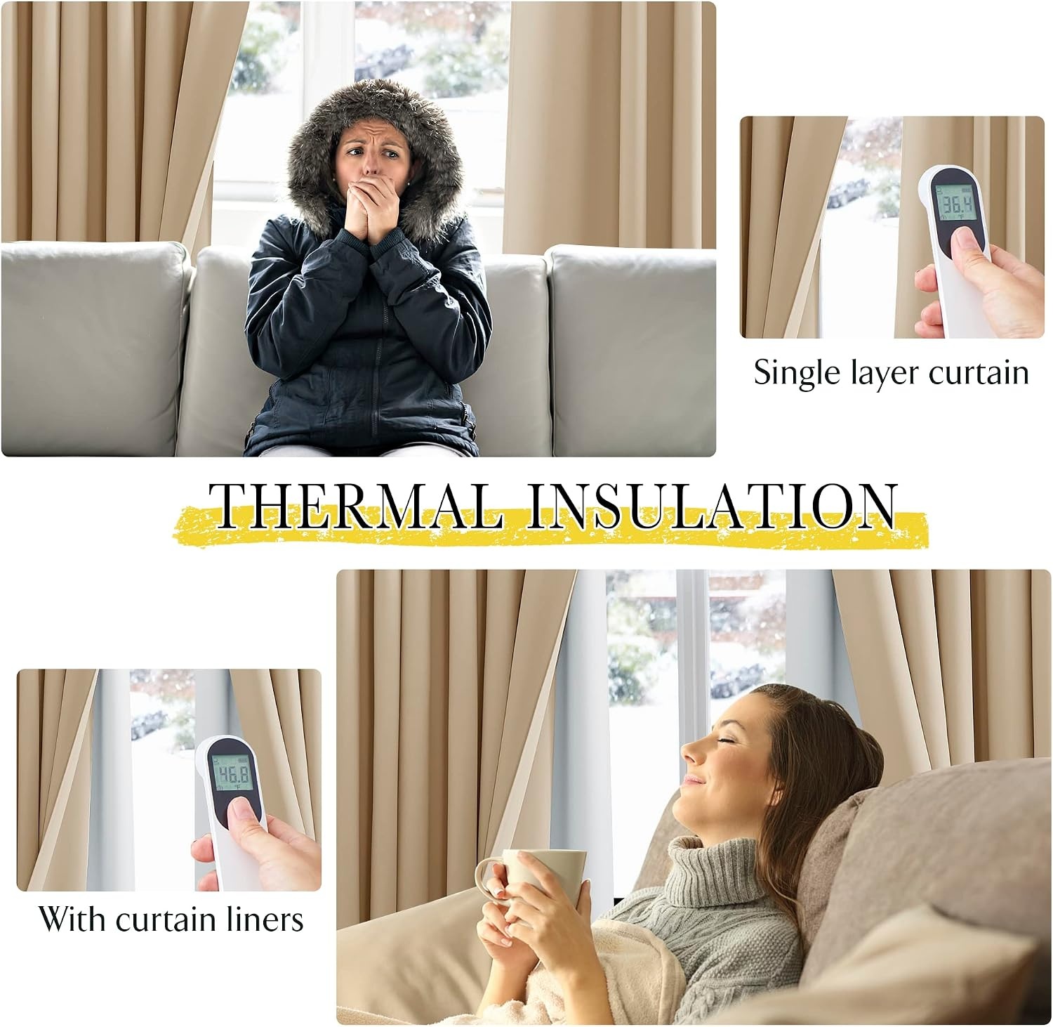 image:imageNICETOWN White Blackout Curtain Liners for Window Noise Reducing Light Blocking Liner for 84 inch Curtains Set of 2 Each is 27 x 80 Hooks Included Greyish WhiteGreyish White