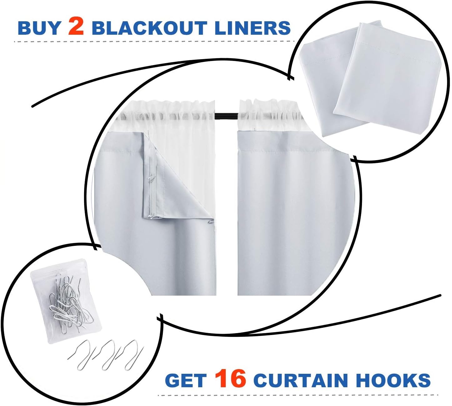 image:imageNICETOWN White Blackout Curtain Liners for Window Noise Reducing Light Blocking Liner for 84 inch Curtains Set of 2 Each is 27 x 80 Hooks Included Greyish WhiteGreyish White