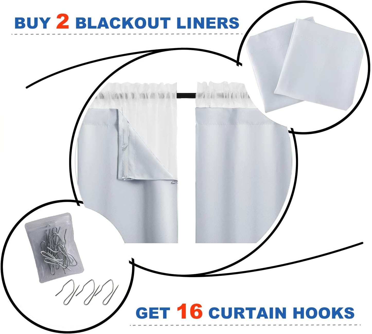 image:imageNICETOWN White Blackout Curtain Liners for Window Noise Reducing Light Blocking Liner for 84 inch Curtains Set of 2 Each is 27 x 80 Hooks Included Greyish WhiteGreyish White