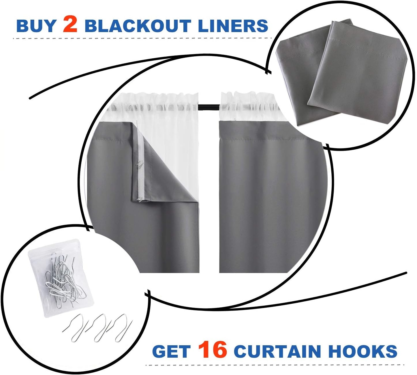 image:imageNICETOWN White Blackout Curtain Liners for Window Noise Reducing Light Blocking Liner for 84 inch Curtains Set of 2 Each is 27 x 80 Hooks Included Greyish WhiteGrey