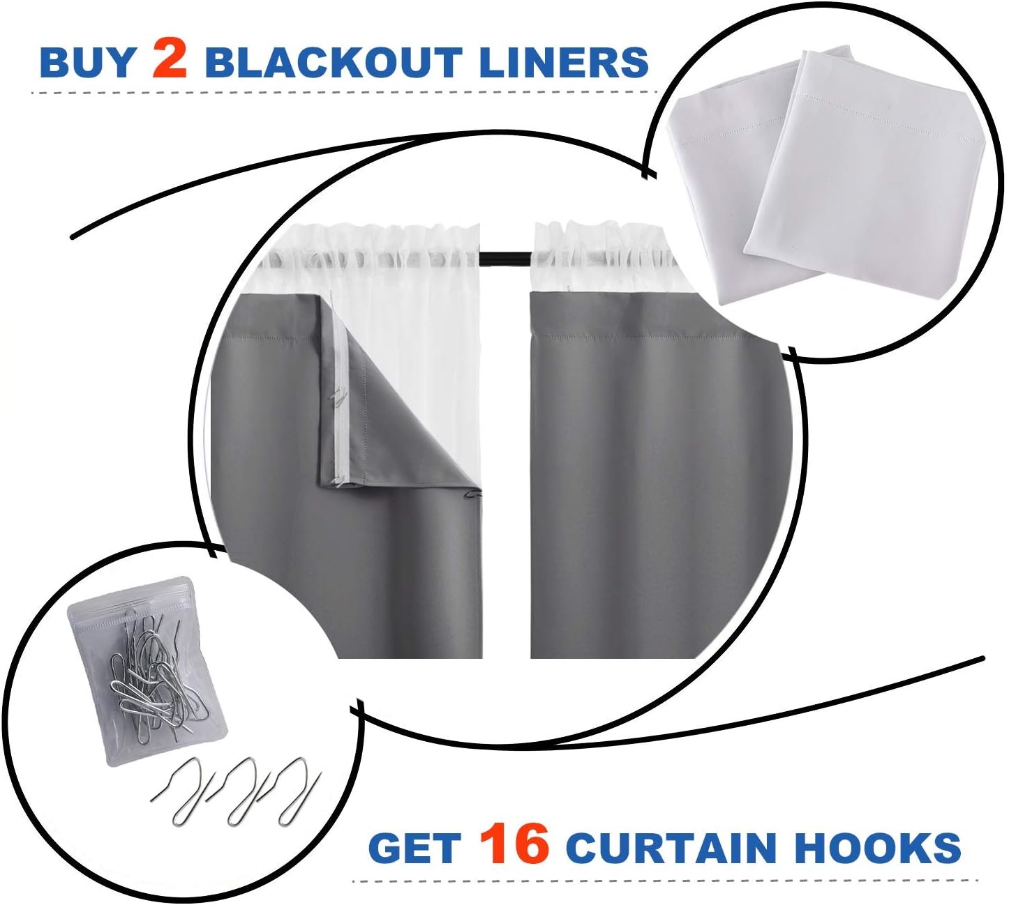 image:imageNICETOWN White Blackout Curtain Liners for Window Noise Reducing Light Blocking Liner for 84 inch Curtains Set of 2 Each is 27 x 80 Hooks Included Greyish WhiteGrey