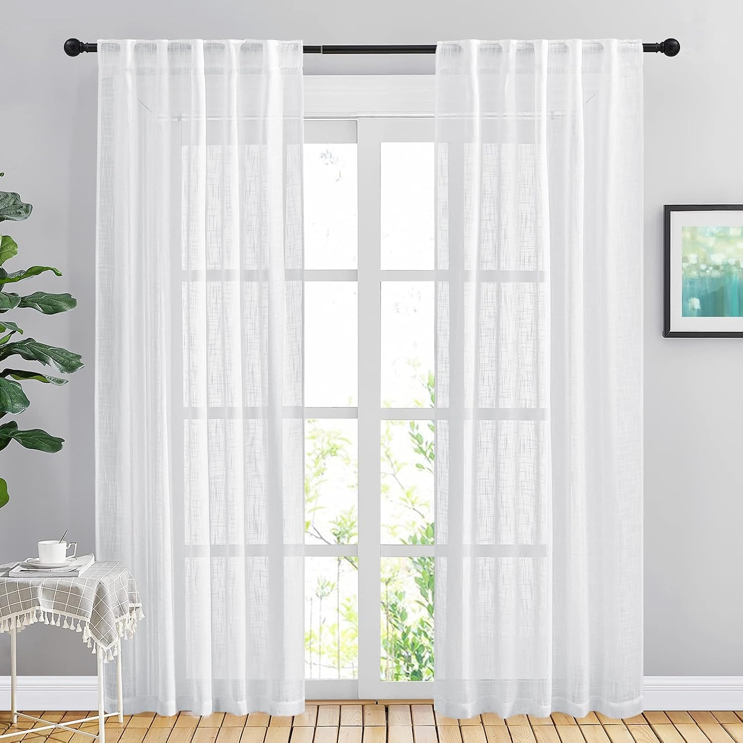 image:imageNICETOWN White Linen Sheer Curtains and Drapes 84 inches Long Rod Pocket amp Back Tab semitransparent with Light Through Vertical Window Treatments for Sliding Glass Door amp Living Room 52W Set of 2White