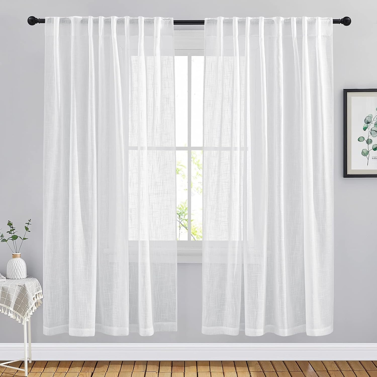 image:imageNICETOWN White Linen Sheer Curtains and Drapes 84 inches Long Rod Pocket amp Back Tab semitransparent with Light Through Vertical Window Treatments for Sliding Glass Door amp Living Room 52W Set of 2White