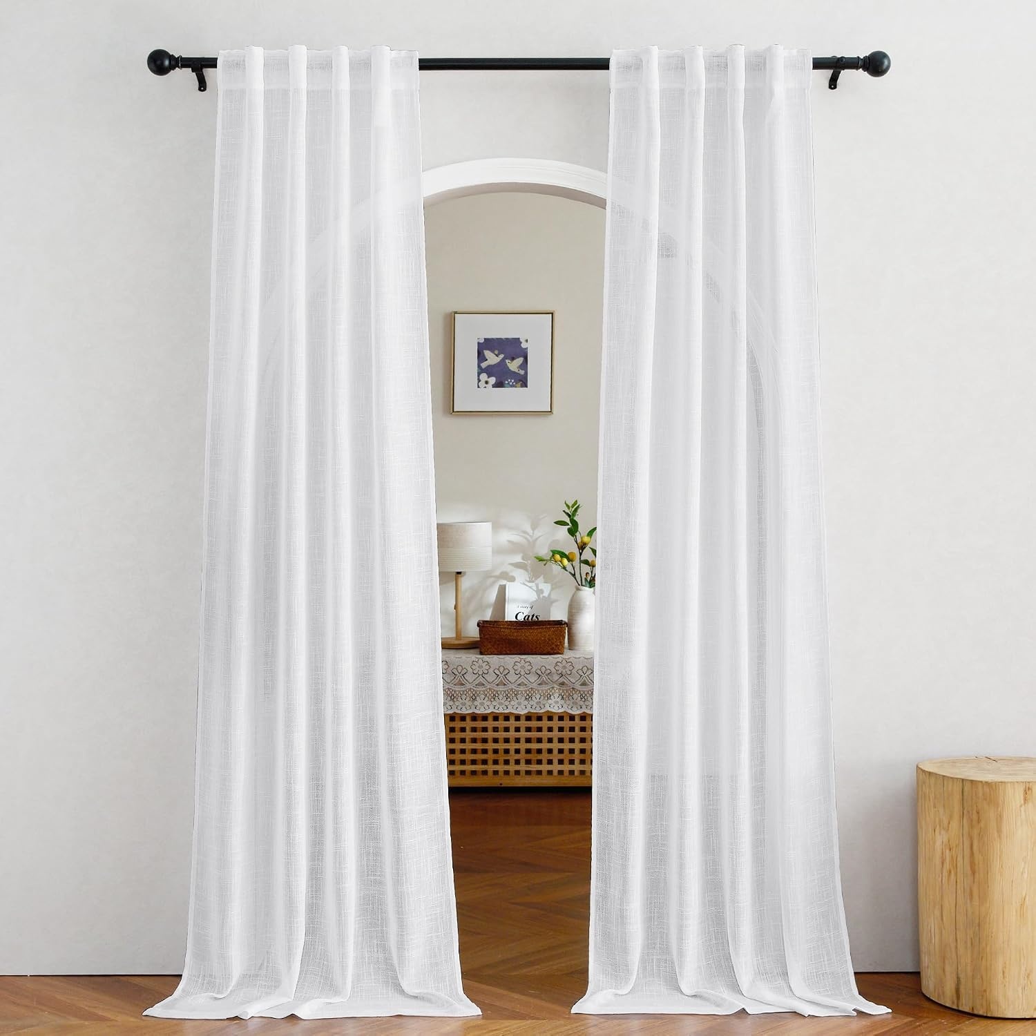image:imageNICETOWN White Linen Sheer Curtains and Drapes 84 inches Long Rod Pocket amp Back Tab semitransparent with Light Through Vertical Window Treatments for Sliding Glass Door amp Living Room 52W Set of 2White