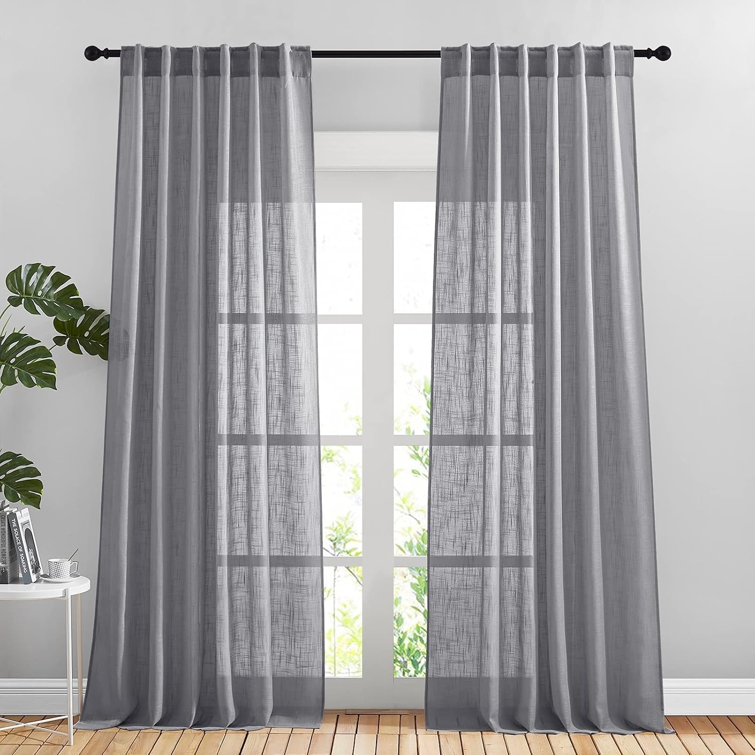 image:imageNICETOWN White Linen Sheer Curtains and Drapes 84 inches Long Rod Pocket amp Back Tab semitransparent with Light Through Vertical Window Treatments for Sliding Glass Door amp Living Room 52W Set of 2Grey