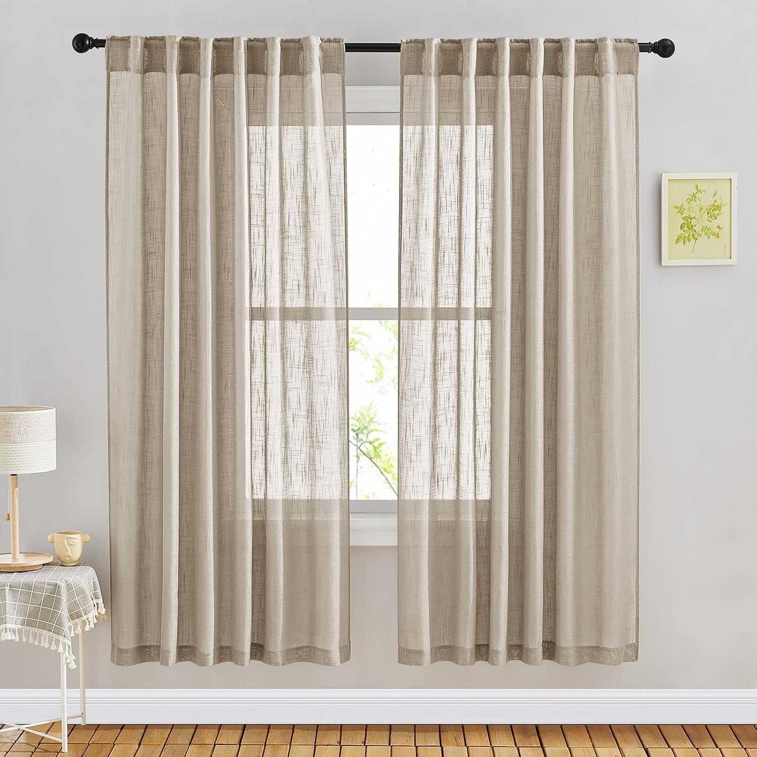image:imageNICETOWN White Linen Sheer Curtains and Drapes 84 inches Long Rod Pocket amp Back Tab semitransparent with Light Through Vertical Window Treatments for Sliding Glass Door amp Living Room 52W Set of 2Taupe