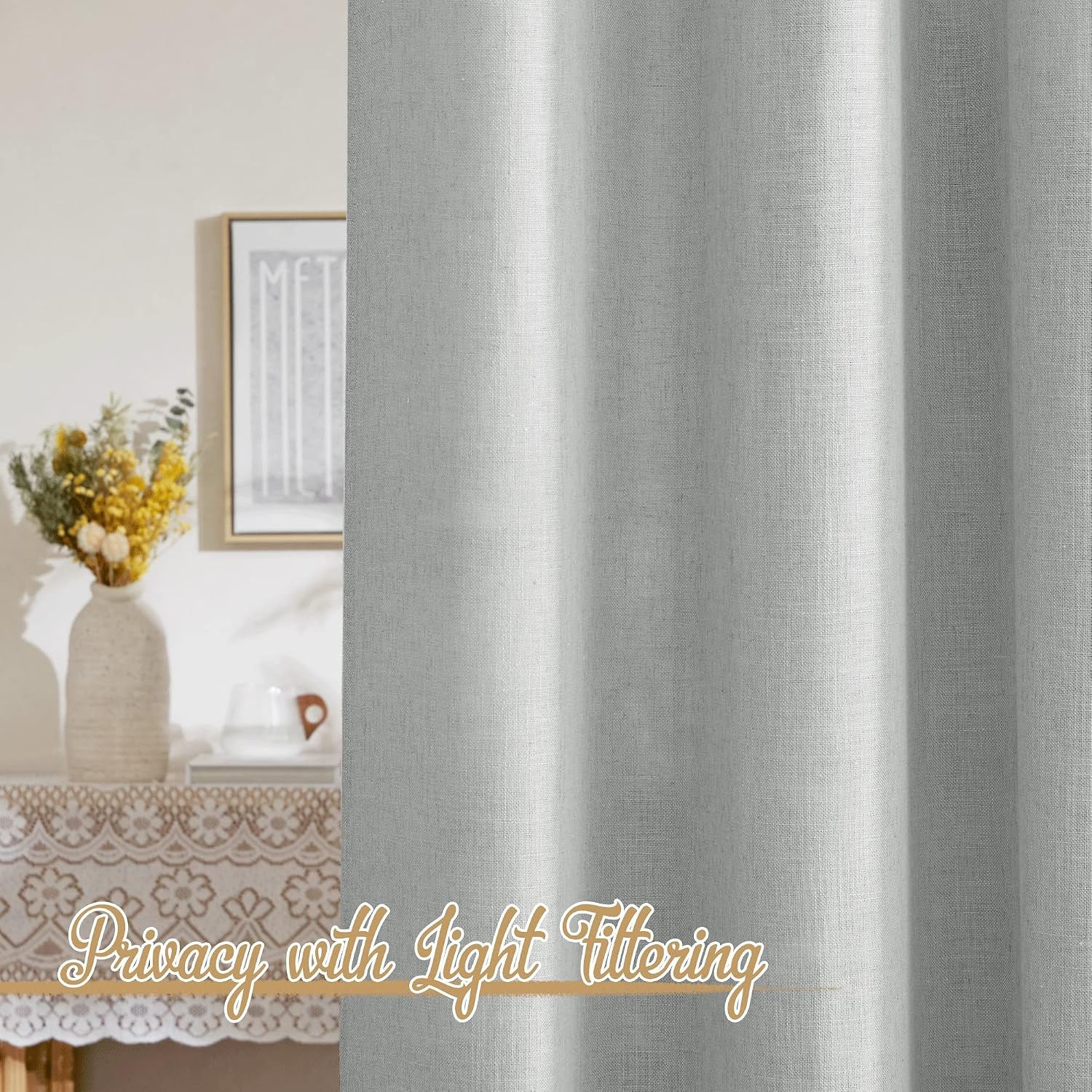 image:imageNICETOWN White Linen Sheer Curtains and Drapes 84 inches Long Rod Pocket amp Back Tab semitransparent with Light Through Vertical Window Treatments for Sliding Glass Door amp Living Room 52W Set of 2Linen Light Gray