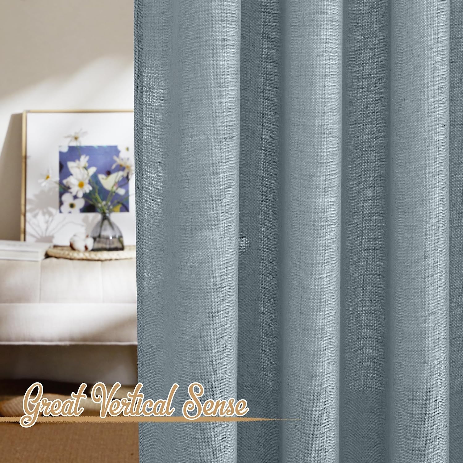 image:imageNICETOWN White Linen Sheer Curtains and Drapes 84 inches Long Rod Pocket amp Back Tab semitransparent with Light Through Vertical Window Treatments for Sliding Glass Door amp Living Room 52W Set of 2Linen Mist Blue