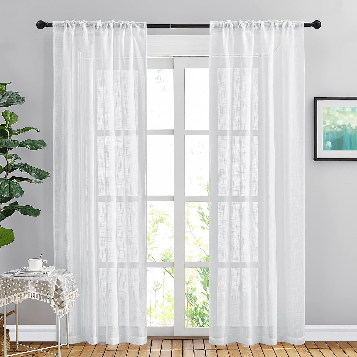 image:imageNICETOWN White Linen Sheer Curtains and Drapes 84 inches Long Rod Pocket amp Back Tab semitransparent with Light Through Vertical Window Treatments for Sliding Glass Door amp Living Room 52W Set of 2White
