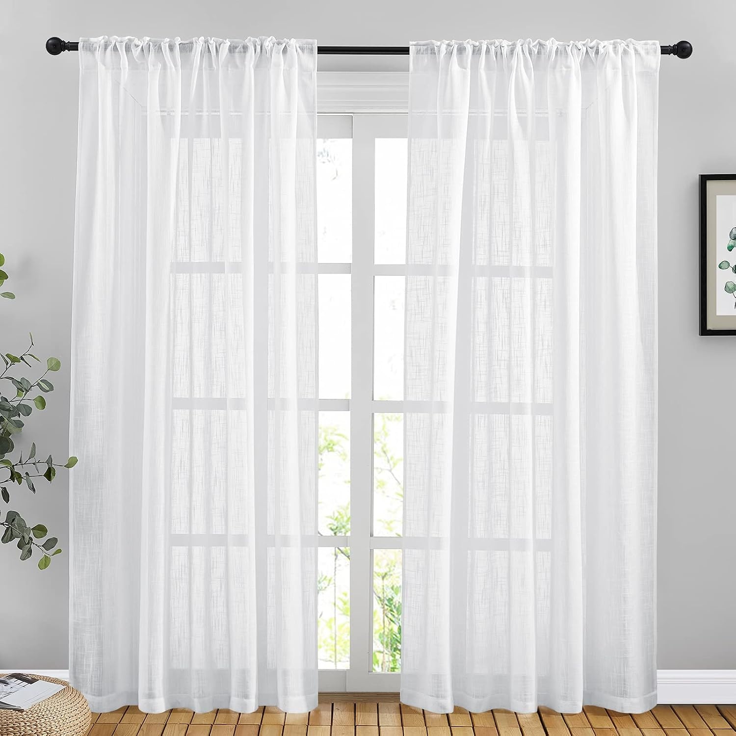 image:imageNICETOWN White Linen Sheer Curtains and Drapes 84 inches Long Rod Pocket amp Back Tab semitransparent with Light Through Vertical Window Treatments for Sliding Glass Door amp Living Room 52W Set of 2White