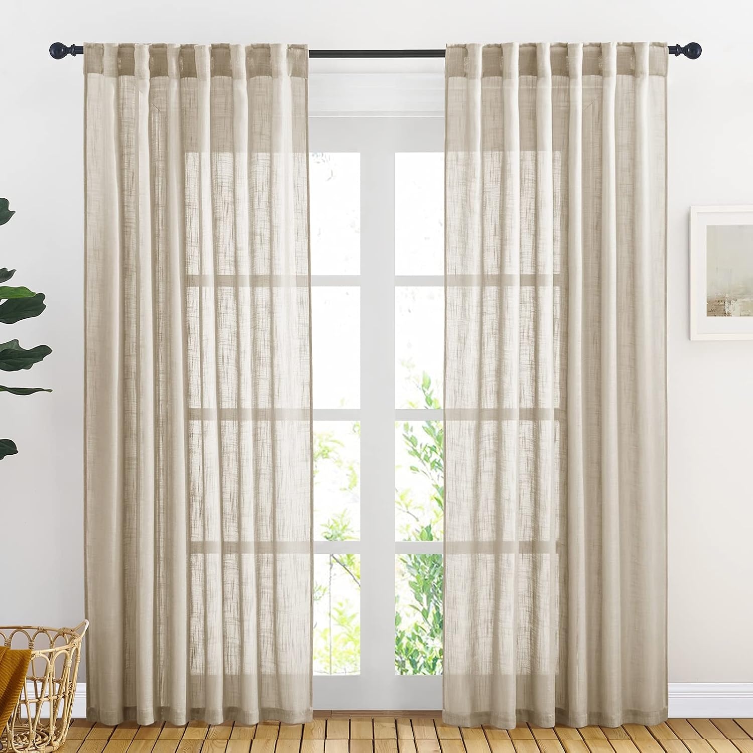 image:imageNICETOWN White Linen Sheer Curtains and Drapes 84 inches Long Rod Pocket amp Back Tab semitransparent with Light Through Vertical Window Treatments for Sliding Glass Door amp Living Room 52W Set of 2Taupe