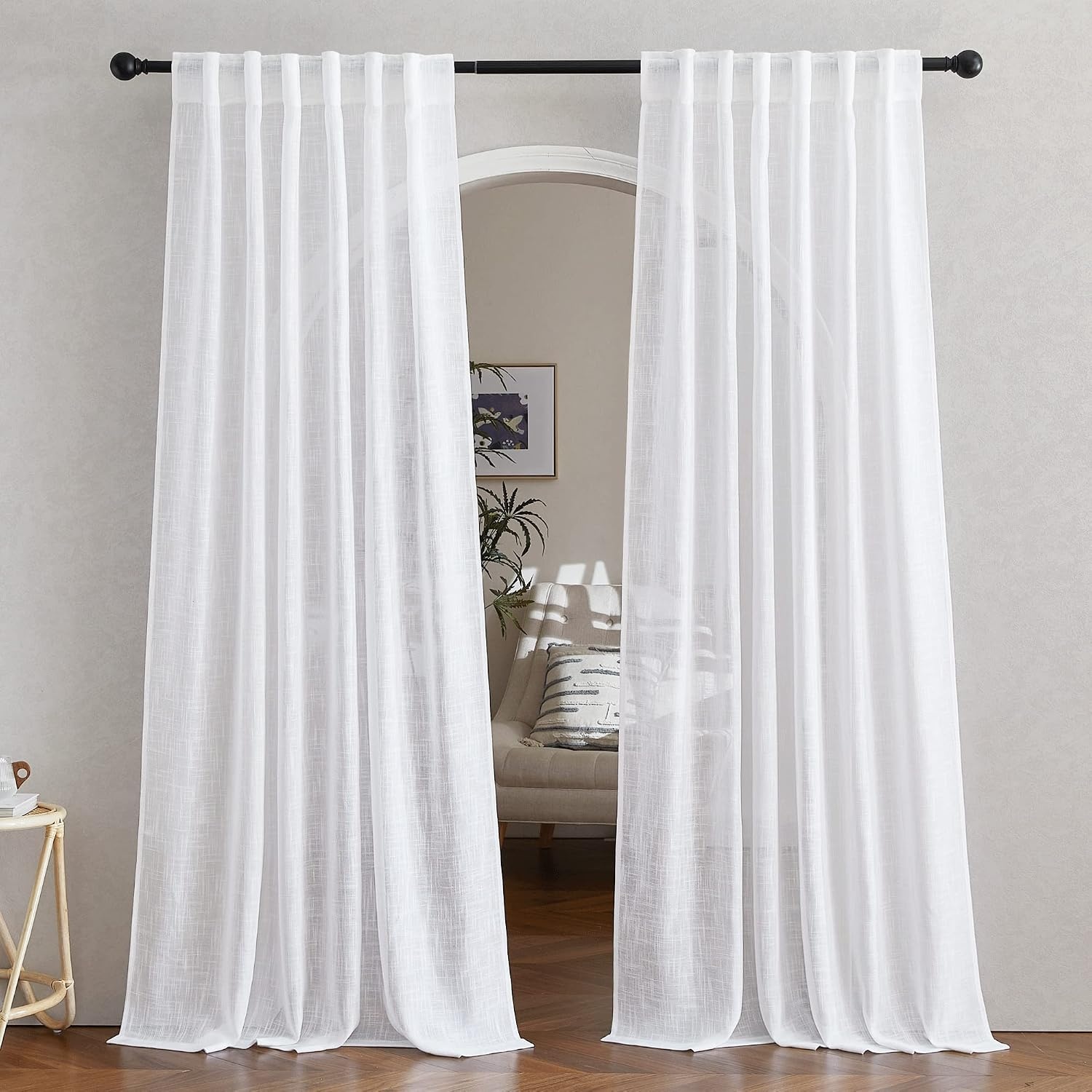 image:imageNICETOWN White Linen Sheer Curtains and Drapes 84 inches Long Rod Pocket amp Back Tab semitransparent with Light Through Vertical Window Treatments for Sliding Glass Door amp Living Room 52W Set of 2White