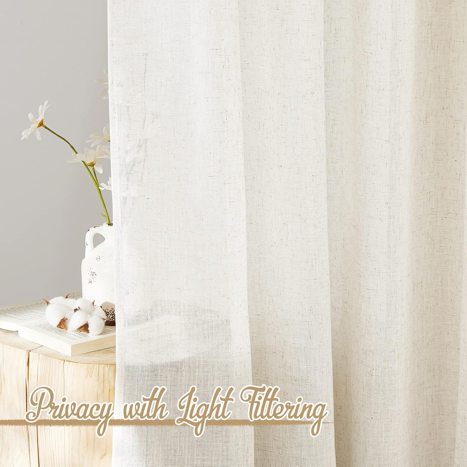 image:imageNICETOWN White Linen Sheer Curtains and Drapes 84 inches Long Rod Pocket amp Back Tab semitransparent with Light Through Vertical Window Treatments for Sliding Glass Door amp Living Room 52W Set of 2Linen
