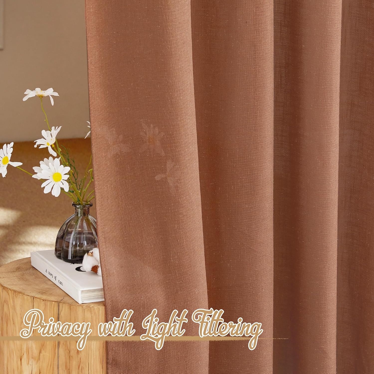 image:imageNICETOWN White Linen Sheer Curtains and Drapes 84 inches Long Rod Pocket amp Back Tab semitransparent with Light Through Vertical Window Treatments for Sliding Glass Door amp Living Room 52W Set of 2Linen Caramel