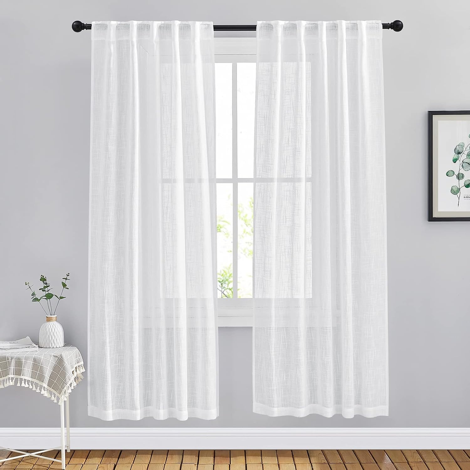 image:imageNICETOWN White Linen Sheer Curtains and Drapes 84 inches Long Rod Pocket amp Back Tab semitransparent with Light Through Vertical Window Treatments for Sliding Glass Door amp Living Room 52W Set of 2White