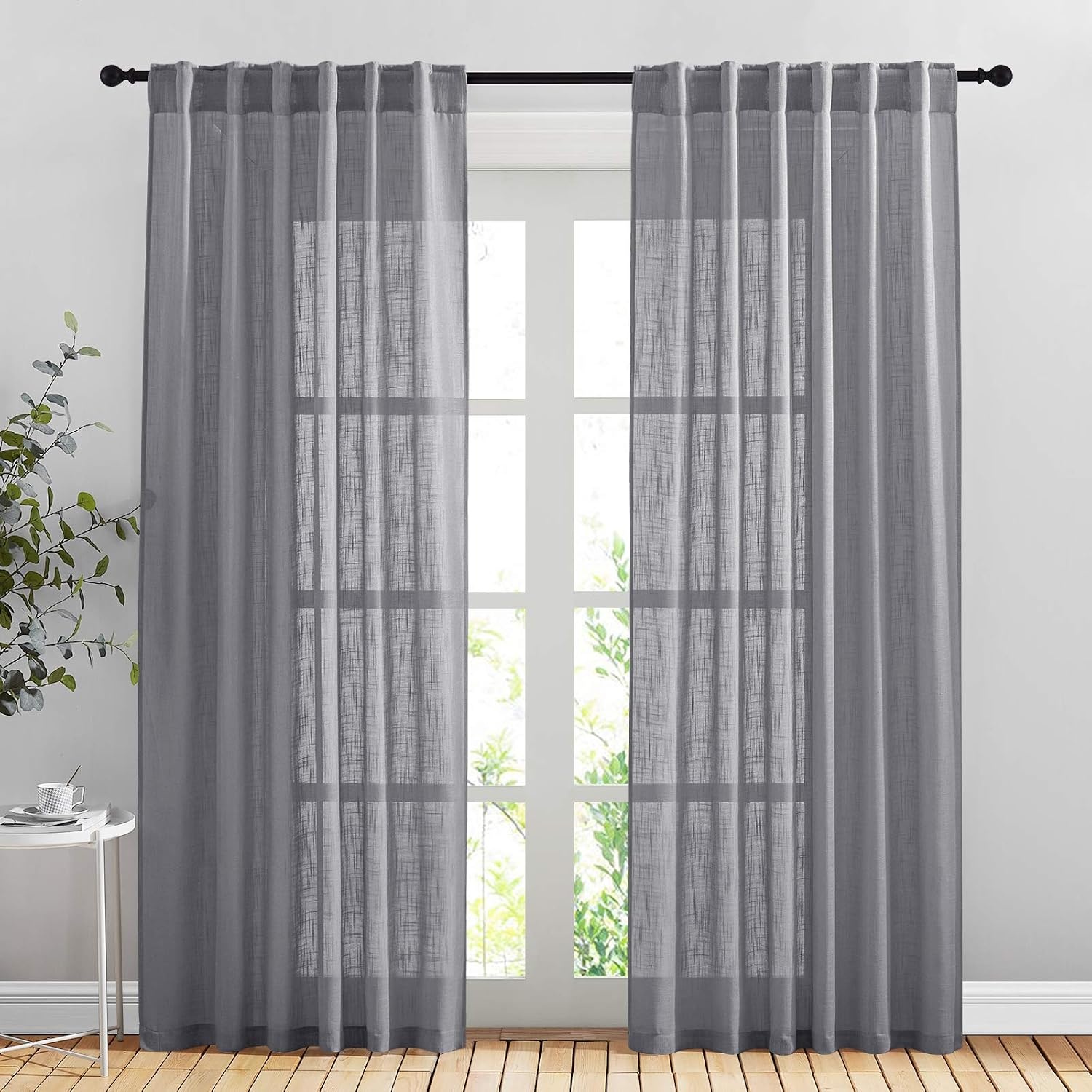 image:imageNICETOWN White Linen Sheer Curtains and Drapes 84 inches Long Rod Pocket amp Back Tab semitransparent with Light Through Vertical Window Treatments for Sliding Glass Door amp Living Room 52W Set of 2Grey