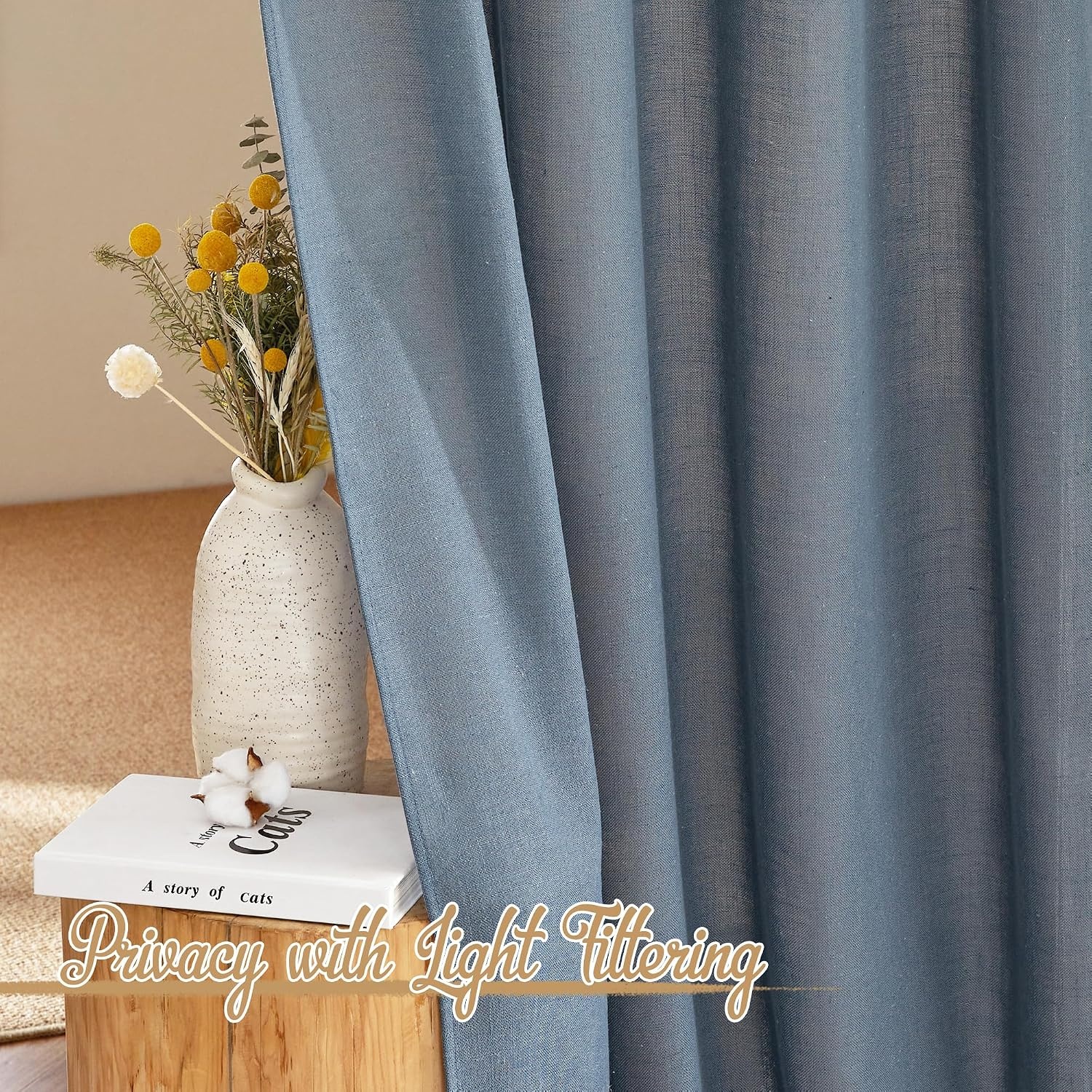 image:imageNICETOWN White Linen Sheer Curtains and Drapes 84 inches Long Rod Pocket amp Back Tab semitransparent with Light Through Vertical Window Treatments for Sliding Glass Door amp Living Room 52W Set of 2Linen Stone Blue