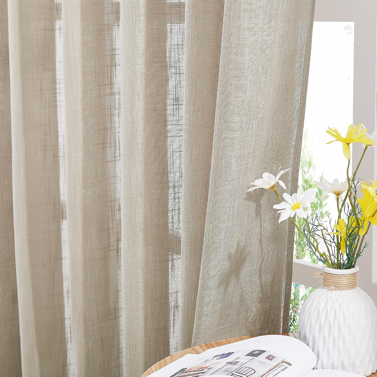 image:imageNICETOWN White Linen Sheer Curtains and Drapes 84 inches Long Rod Pocket amp Back Tab semitransparent with Light Through Vertical Window Treatments for Sliding Glass Door amp Living Room 52W Set of 2Taupe