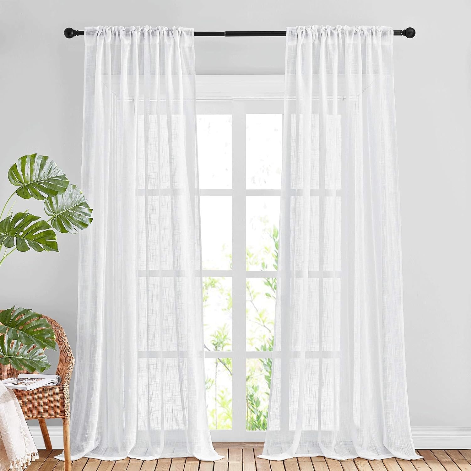 image:imageNICETOWN White Linen Sheer Curtains and Drapes 84 inches Long Rod Pocket amp Back Tab semitransparent with Light Through Vertical Window Treatments for Sliding Glass Door amp Living Room 52W Set of 2White