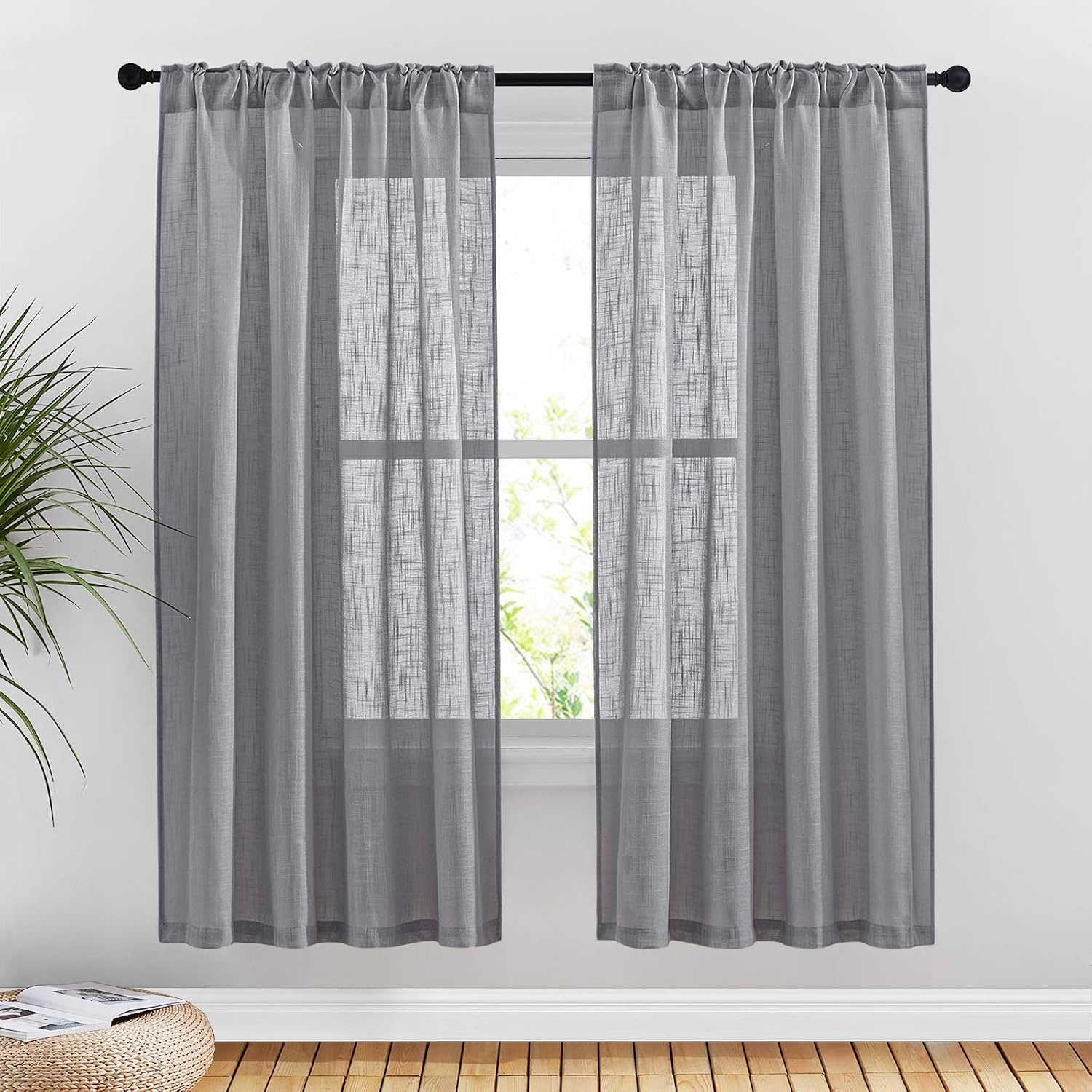 image:imageNICETOWN White Linen Sheer Curtains and Drapes 84 inches Long Rod Pocket amp Back Tab semitransparent with Light Through Vertical Window Treatments for Sliding Glass Door amp Living Room 52W Set of 2Grey