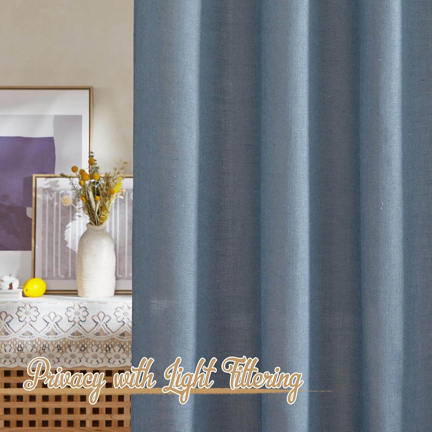 image:imageNICETOWN White Linen Sheer Curtains and Drapes 84 inches Long Rod Pocket amp Back Tab semitransparent with Light Through Vertical Window Treatments for Sliding Glass Door amp Living Room 52W Set of 2Linen Stone Blue