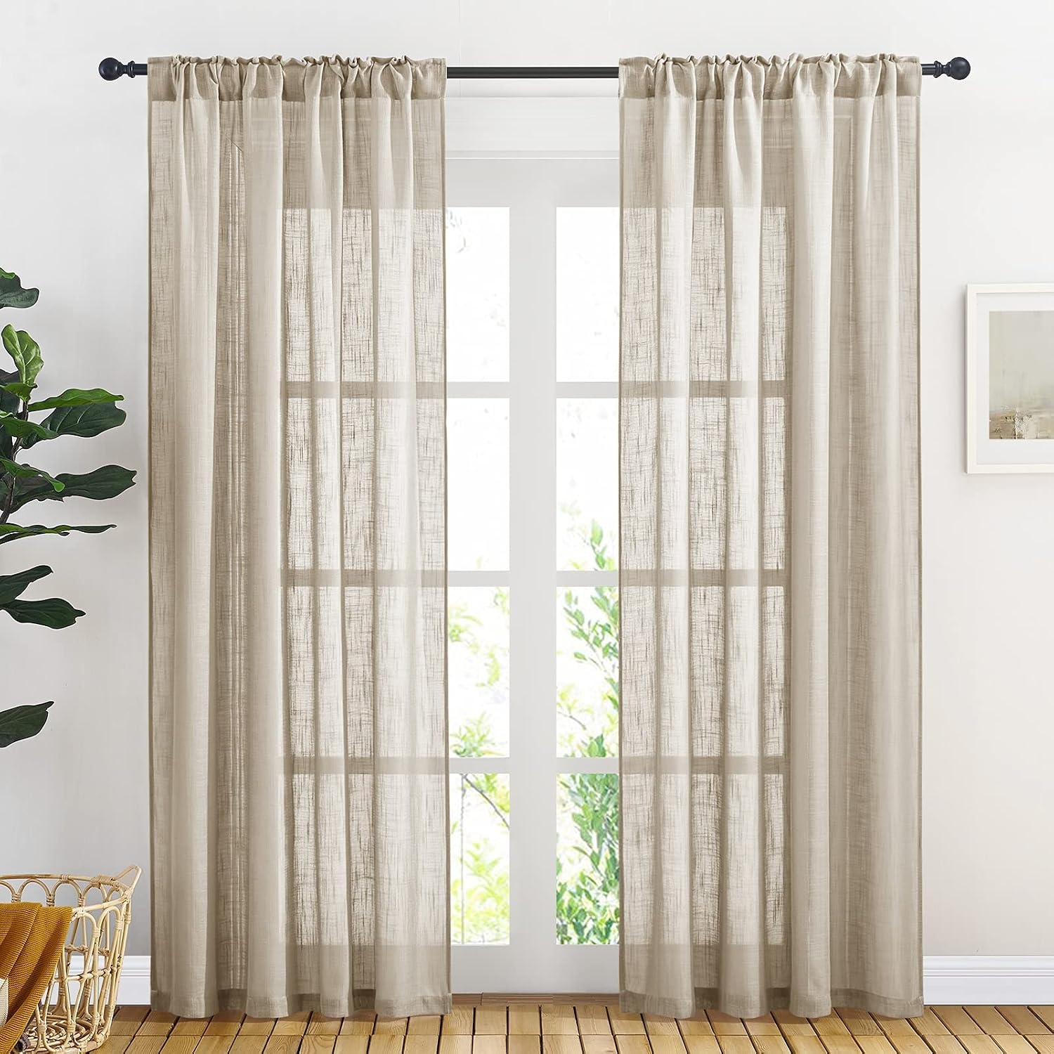 image:imageNICETOWN White Linen Sheer Curtains and Drapes 84 inches Long Rod Pocket amp Back Tab semitransparent with Light Through Vertical Window Treatments for Sliding Glass Door amp Living Room 52W Set of 2Taupe